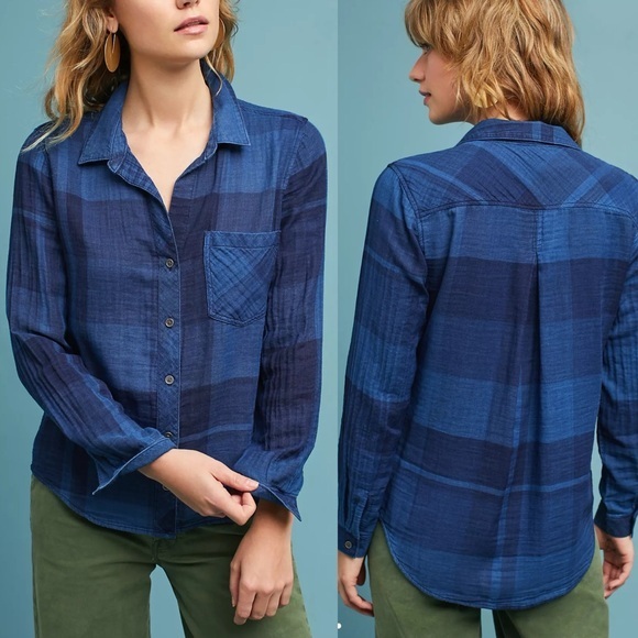 Anthropologie Cloth & Stone Mireille Buttondown Blue Plaid - Picture 1 of 6